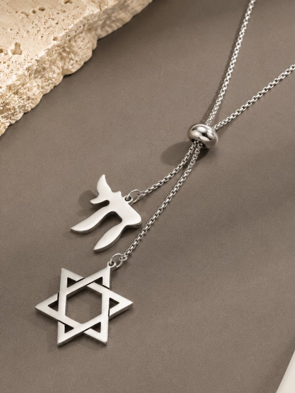 Chai & Star of David Lariat Dual Necklace Set Jewish Hebrew Judaica Pendant NW - Picture 2 of 5